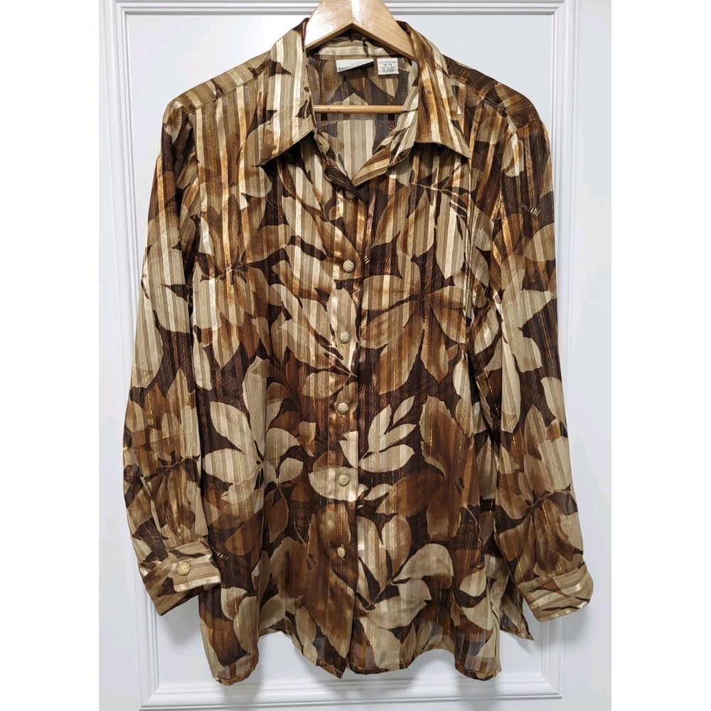 Vtg Brown Gold Floral Semi Sheer Button Up Shirt Fashion Bug  Sz 18/20